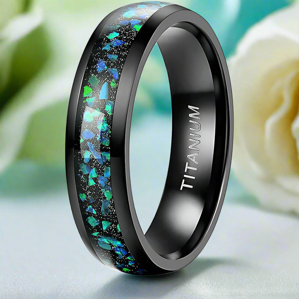 8mm Dome Titanium Men's Wedding Band with Opal Inlay-Evani Naomi Jewelry