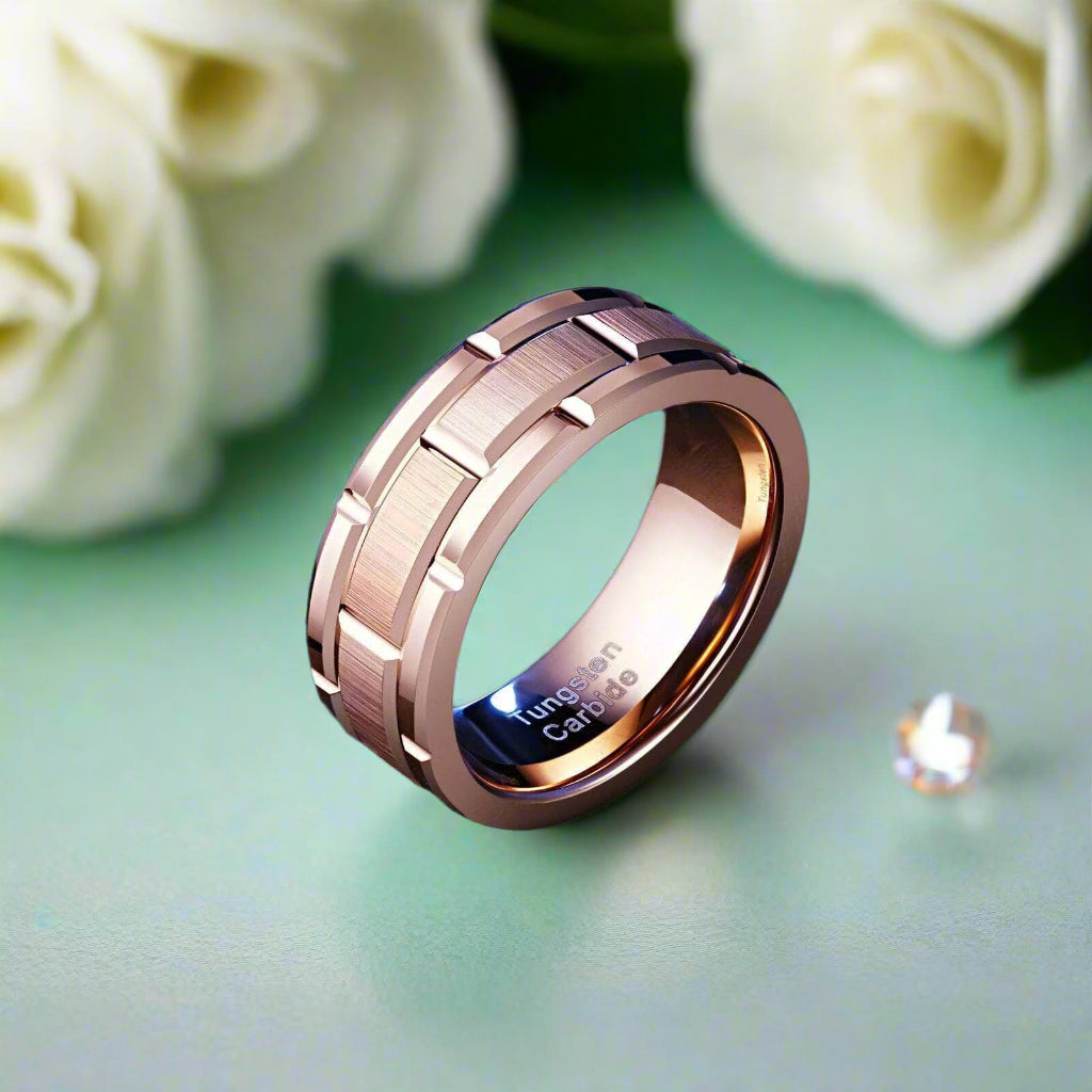 8mm Rose Gold Men's Tungsten Wedding Band with Brick Pattern-Evani Naomi Jewelry