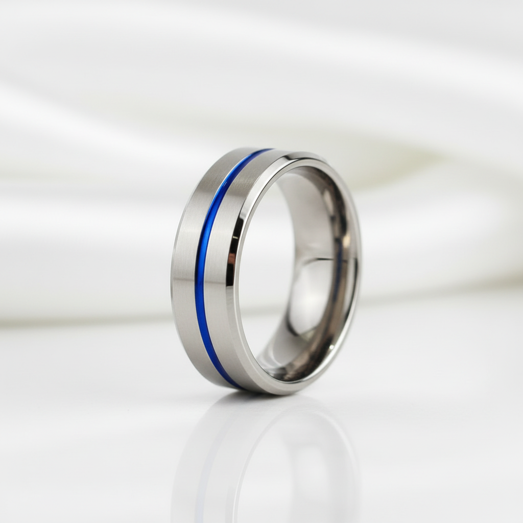 8mm Tungsten Carbide Men's Wedding Band with Thin Blue Line - Evani Naomi Jewelry