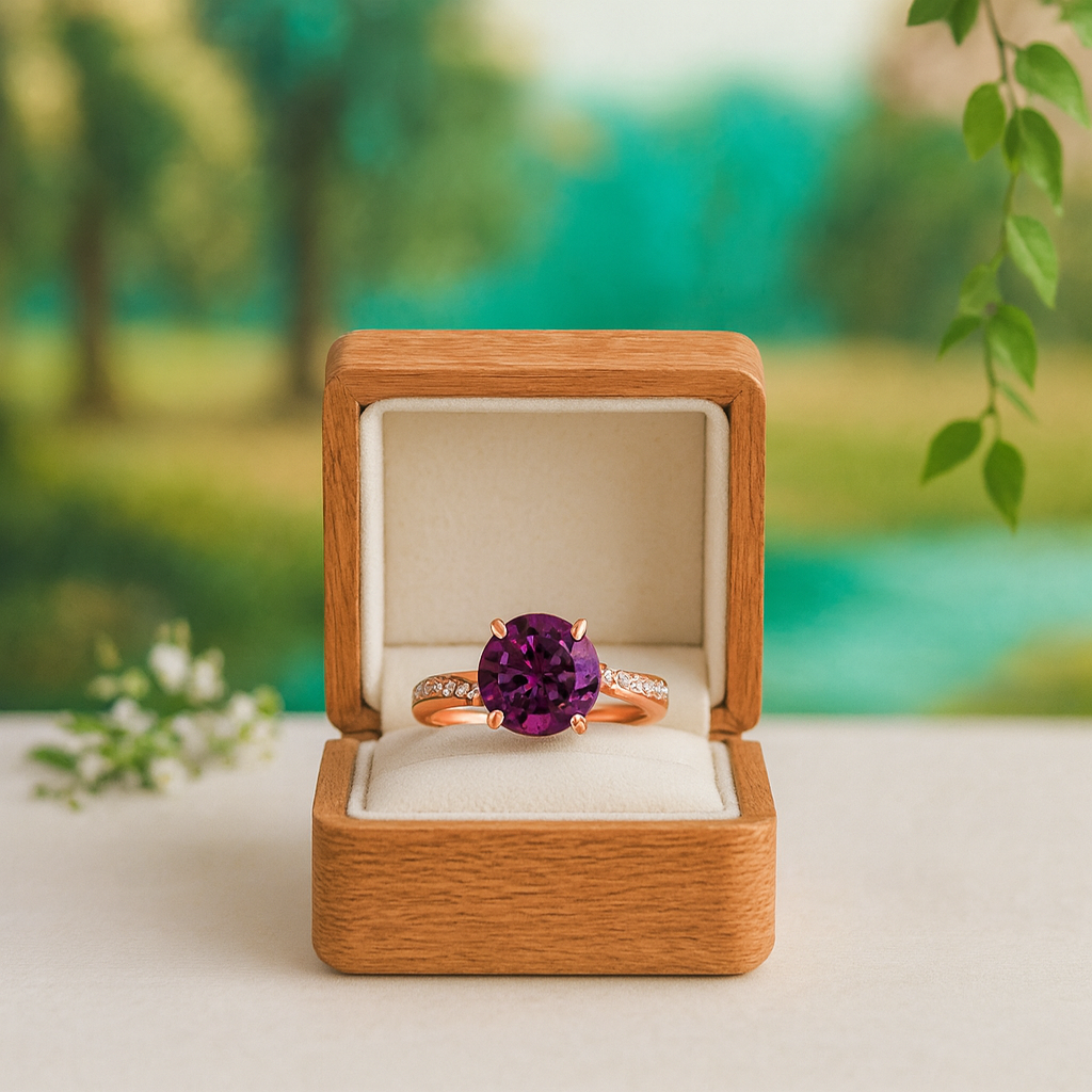 Amethyst ring in a wooden box with a natural background
