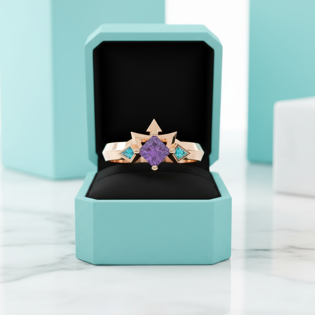 Two-Piece Amethyst Ring Set in Princess-cut 14k Yellow Gold-Evani Jewelry