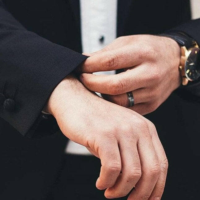 Asymmetric Gold Thread Two Tone Tungsten Wedding Band-Evani Naomi Jewelry