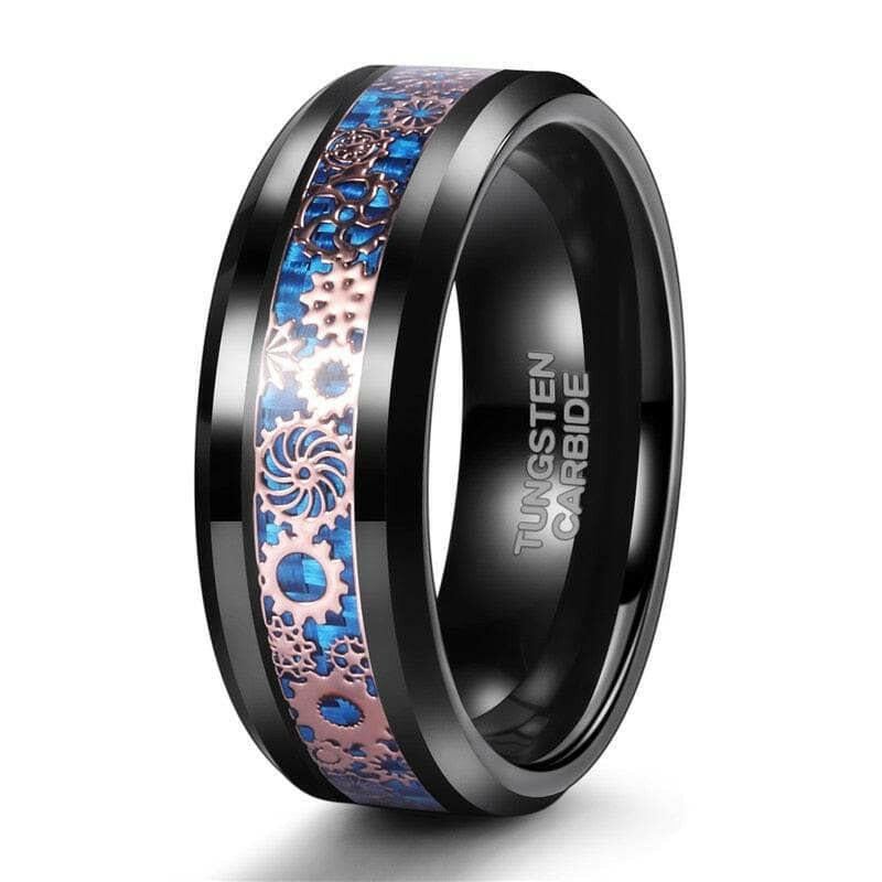 Beveled Edge Tungsten Men's Wedding Band with Gear Inlay-Evani Naomi Jewelry
