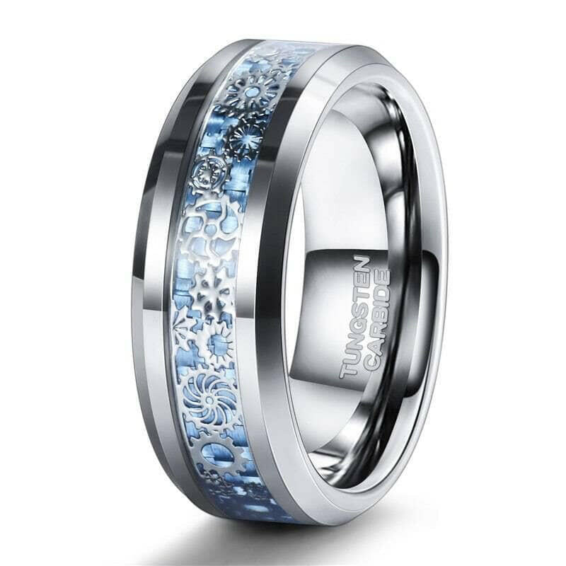 Beveled Edge Tungsten Men's Wedding Band with Gear Inlay-Evani Naomi Jewelry