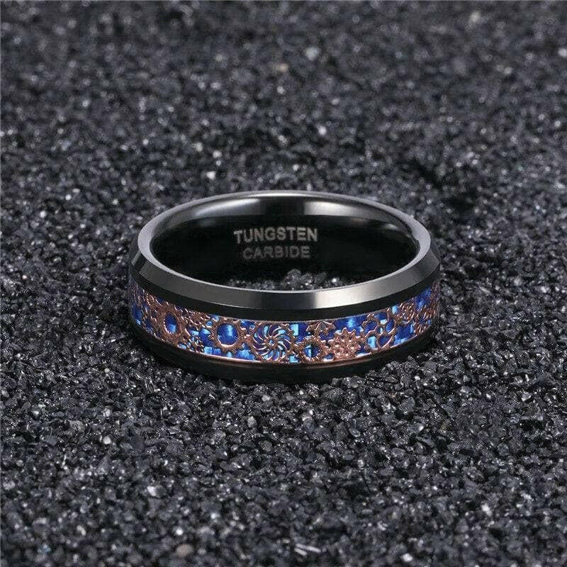 Beveled Edge Tungsten Men's Wedding Band with Gear Inlay-Evani Naomi Jewelry