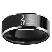 Black Beveled Edge Tungsten Wedding Band with Musical Note-Evani Naomi Jewelry