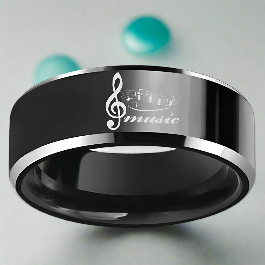 Black Beveled Edge Tungsten Wedding Band with Musical Note-Evani Naomi Jewelry