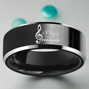 Black Beveled Edge Tungsten Wedding Band with Musical Note-Evani Naomi Jewelry