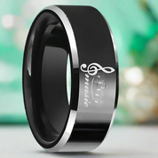 Black Beveled Edge Tungsten Wedding Band with Musical Note-Evani Naomi Jewelry