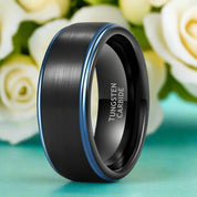 Black Brushed Tungsten Men's Wedding Band with Blue Edge-Evani Naomi Jewelry