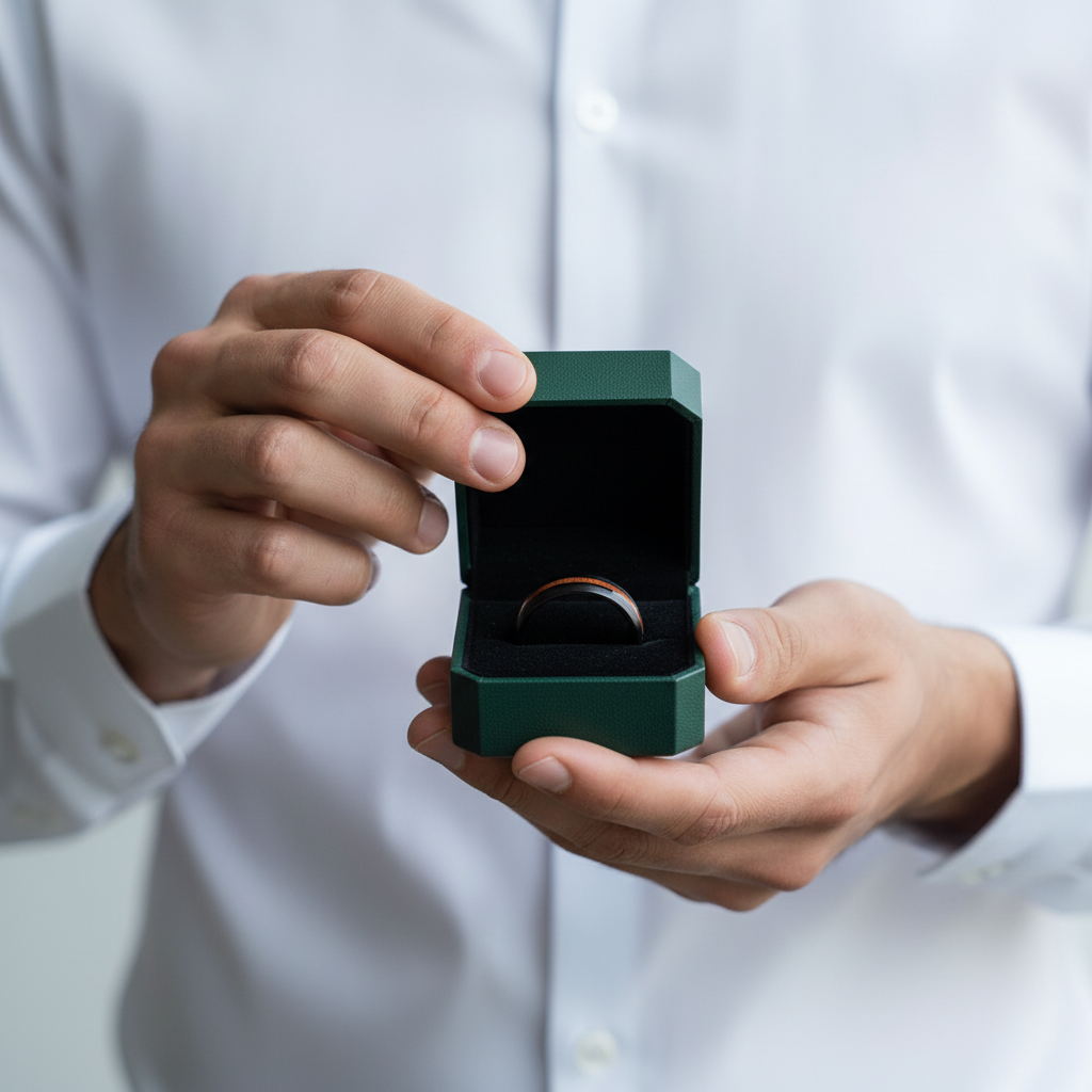 Black Brushed Unisex Tungsten Wedding Band with Wood Inlay - Evani Naomi Jewelry