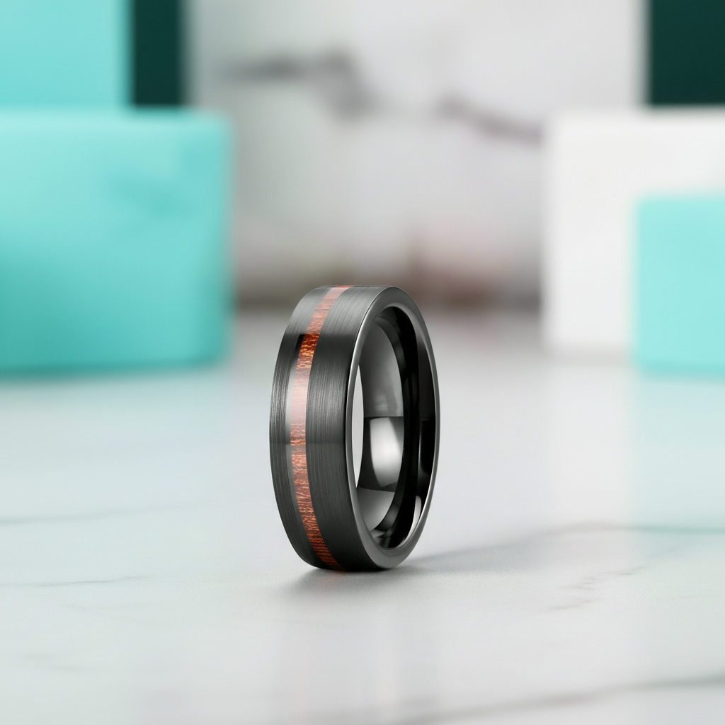 Black Brushed Unisex Tungsten Wedding Band with Wood Inlay-Evani Jewelry