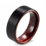 Black Flat Tungsten Men's Wedding Band with Inner Red Sandalwood-Evani Naomi Jewelry