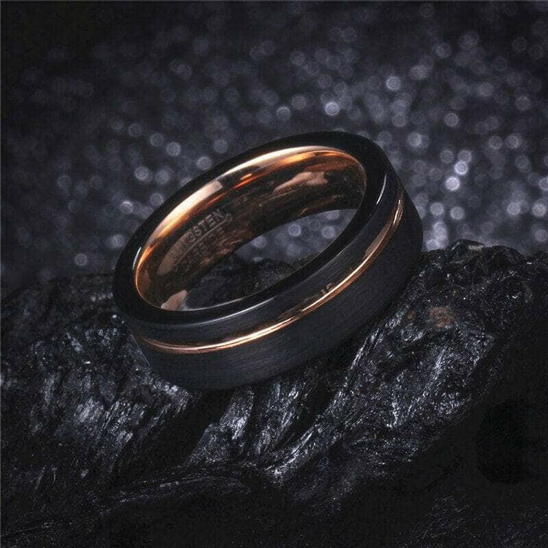 Black & Rose Gold Pipe Cut Brushed Polish Tungsten Wedding Band-Evani Naomi Jewelry