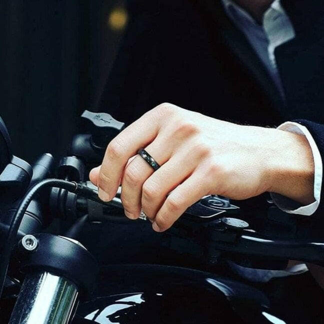 Black Sand Unisex Tungsten Wedding Band with Opal Inlay-Evani Naomi Jewelry