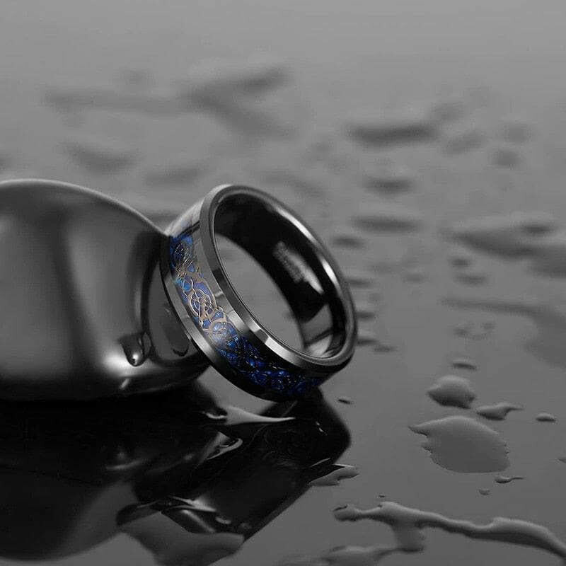 Black Tungsten Men's Wedding Band with Celtic Dragon Inlay-Evani Naomi Jewelry