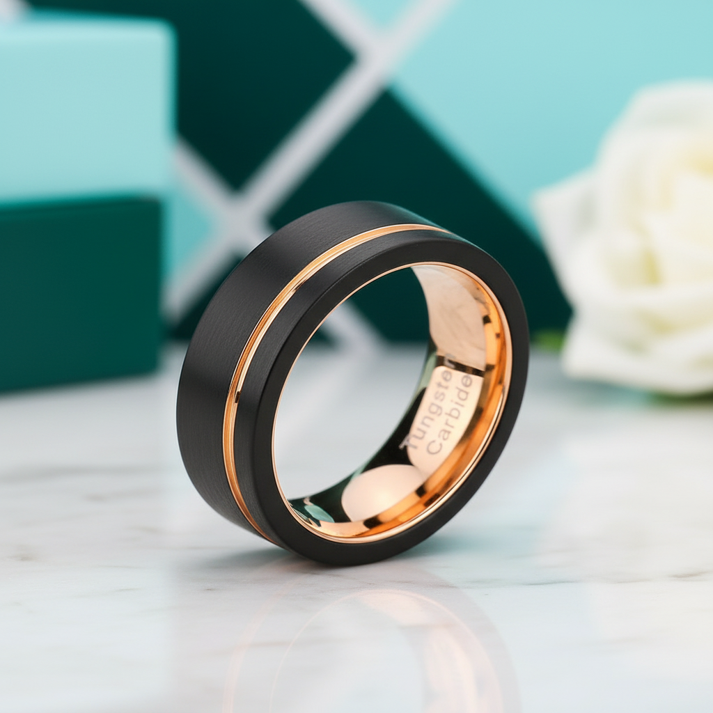 Black with Rose Gold Line Tungsten Men's Wedding Band-Evani Jewelry
