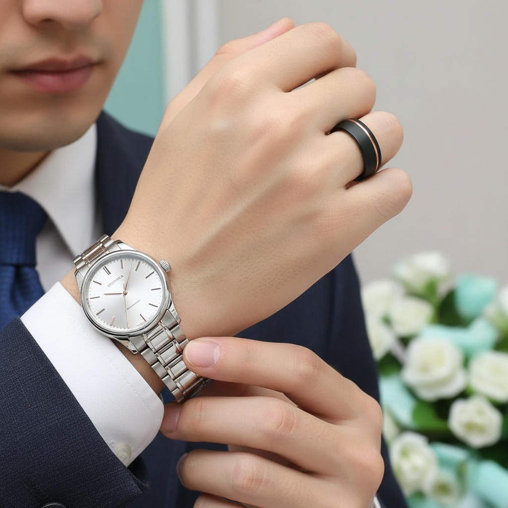 Black with Rose Gold Line Tungsten Men's Wedding Band-Evani Jewelry