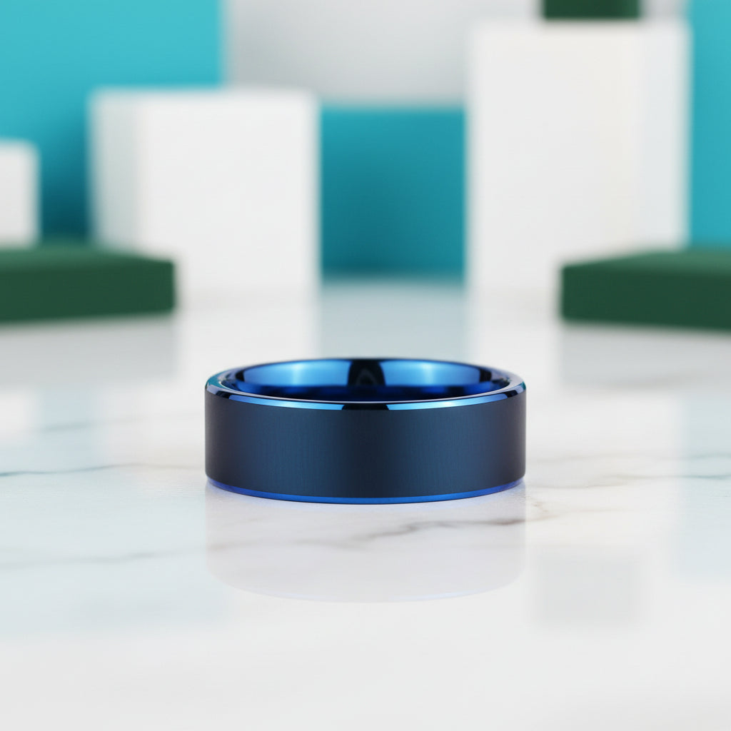Blue Flat Tungsten Men's Wedding Band-Evani Jewelry