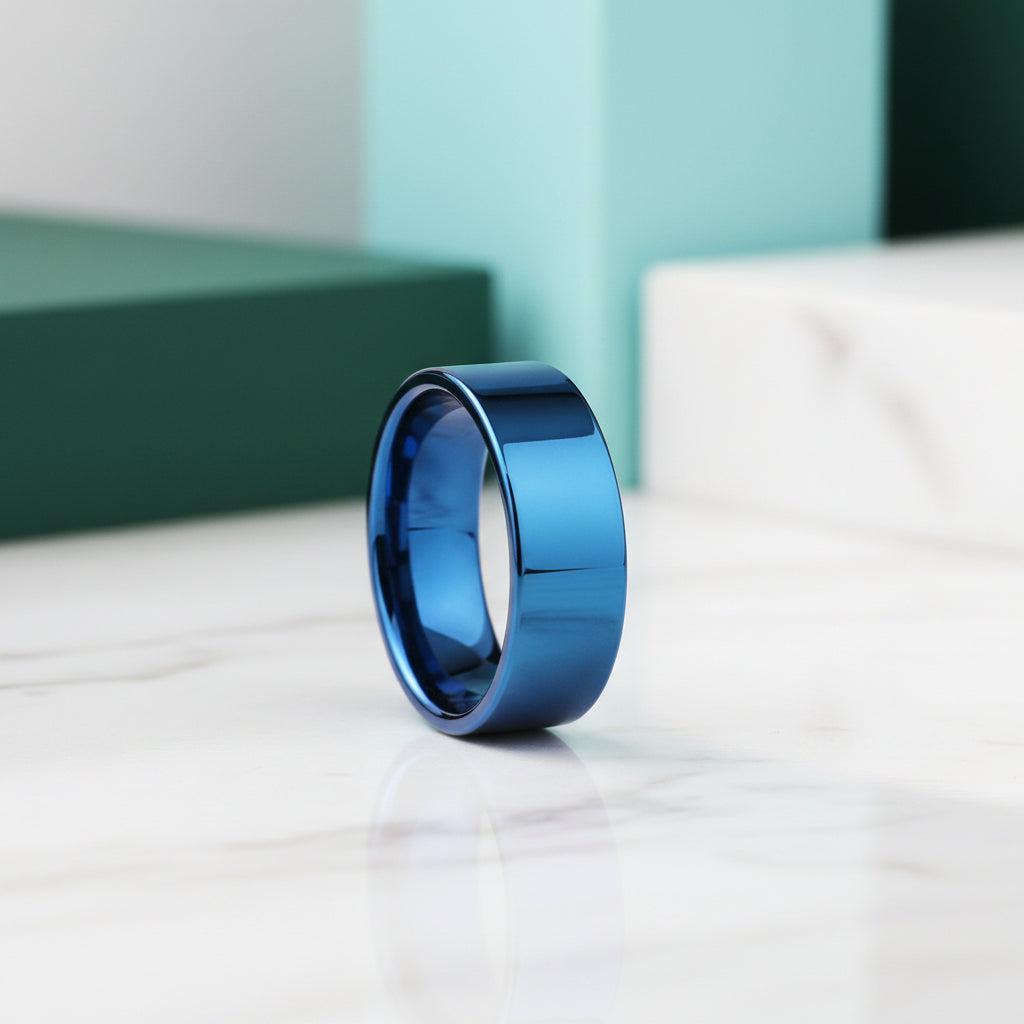 Blue Flat Tungsten Men's Wedding Band-Evani Jewelry