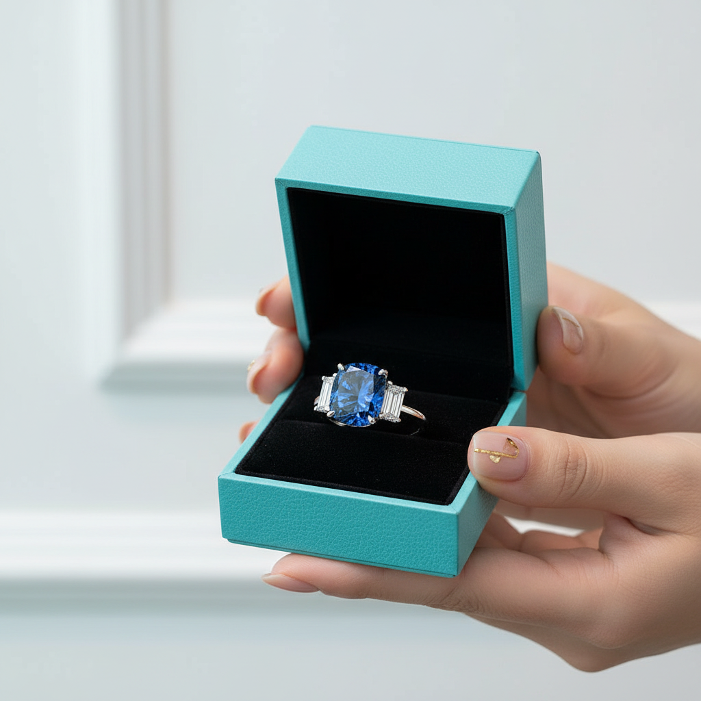 Blue Sapphire 5.0ct Cushion Cut Three Stone Engagement Ring-Evani Jewelry