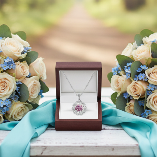 Bouquets of flowers and a necklace with a pink heart pendant on a wooden bench in a forest setting.