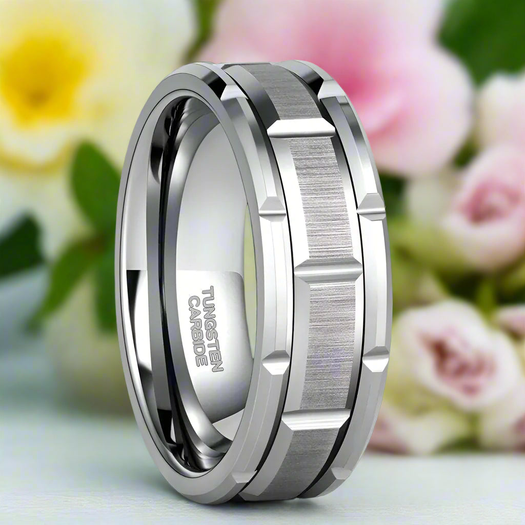 Brushed Tungsten Men's Wedding Band with Brick Pattern-Evani Naomi Jewelry