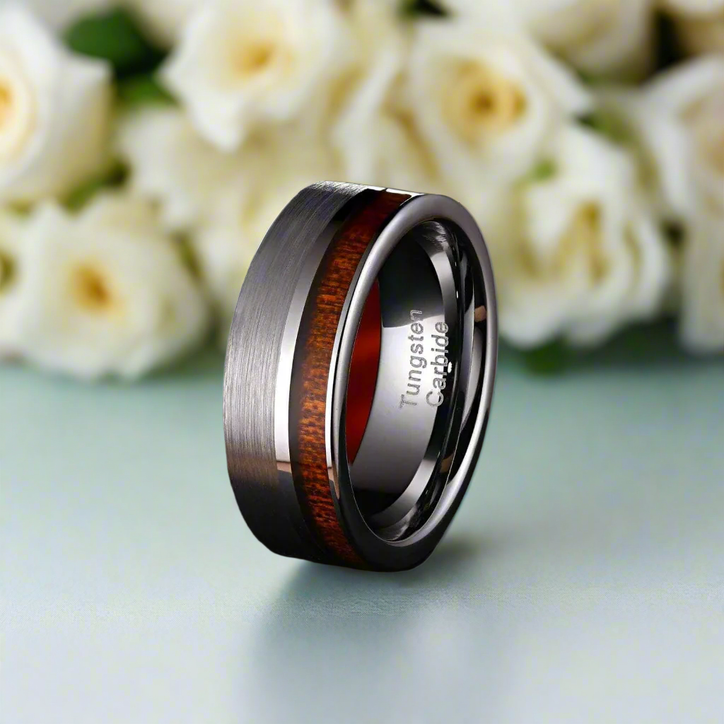 Brushed Tungsten Wedding Band with Wood-Evani Naomi Jewelry