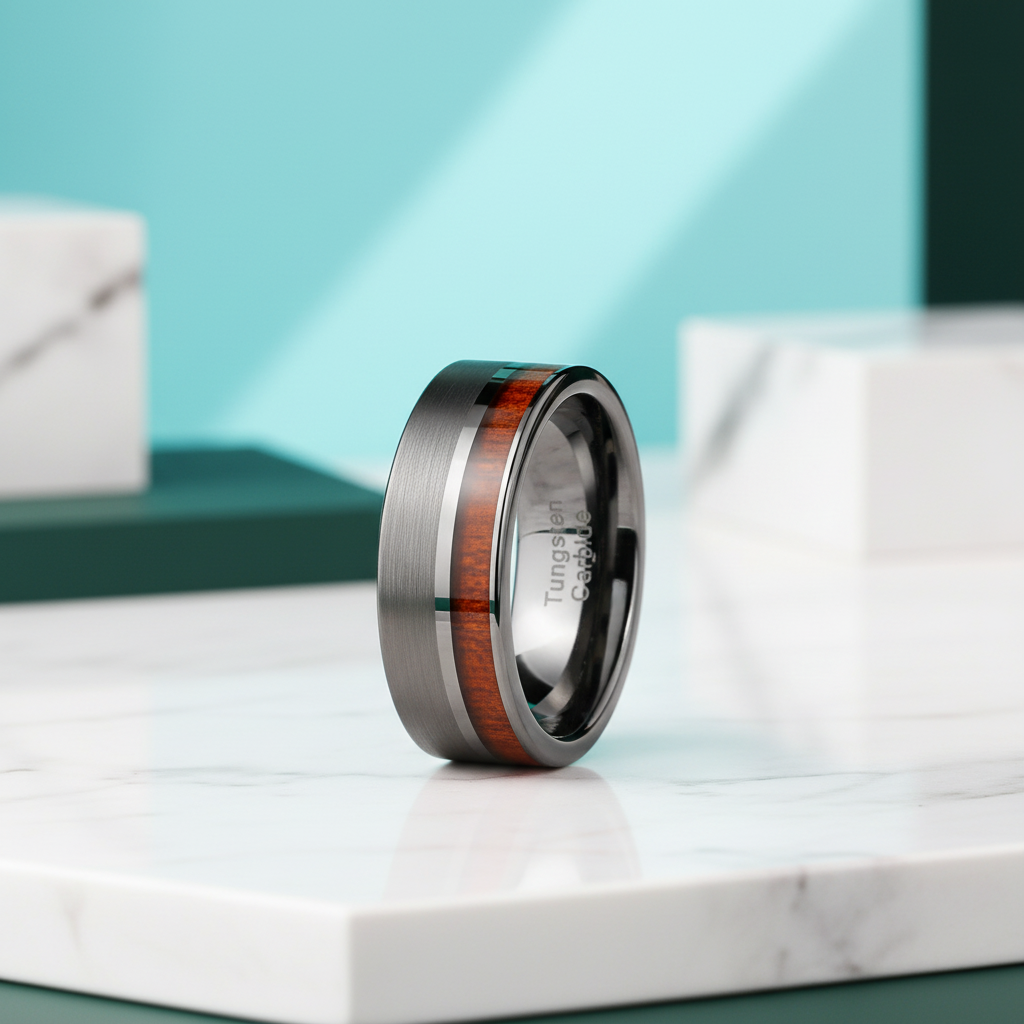 Brushed Tungsten Wedding Band with Wood-Evani Jewelry