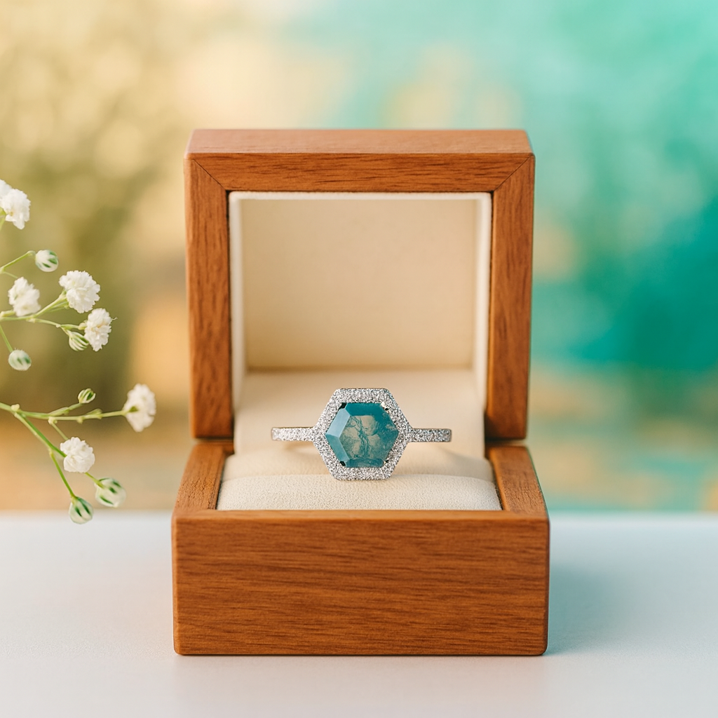 Moonlit Dream- Hexagon Cut Natural Moss Agate Gemstone Ring - Evani Naomi Jewelry