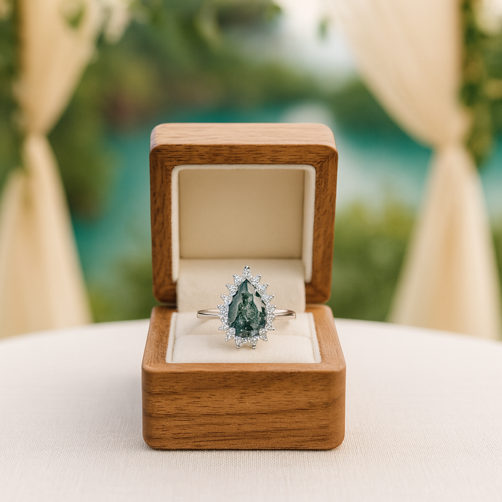 Luminous Bond- Pear Cut Moss Agate & Champagne Moissanite Gemstone Ring - Evani Naomi Jewelry