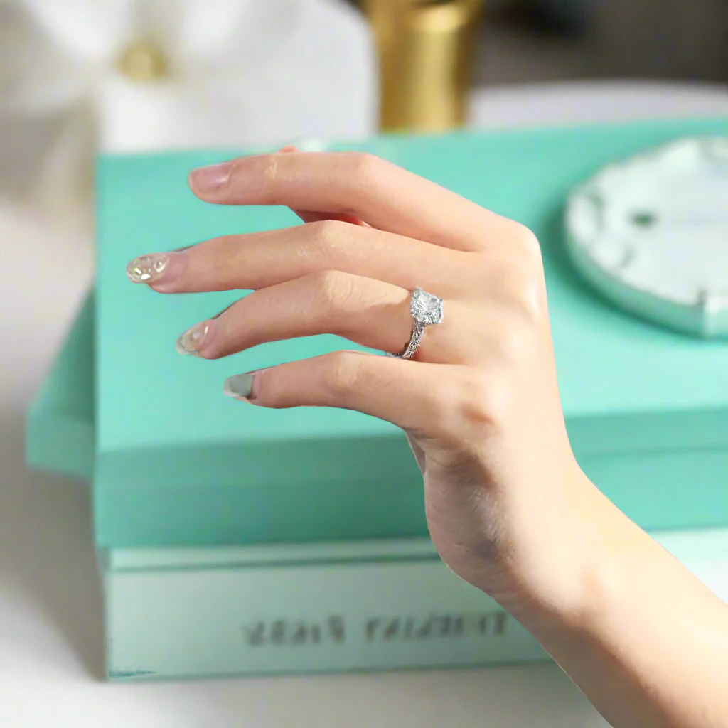 Classic 14K White Gold 1.0 Ct Emerald Cut Halo Diamond Engagement Ring-Evani Naomi Jewelry