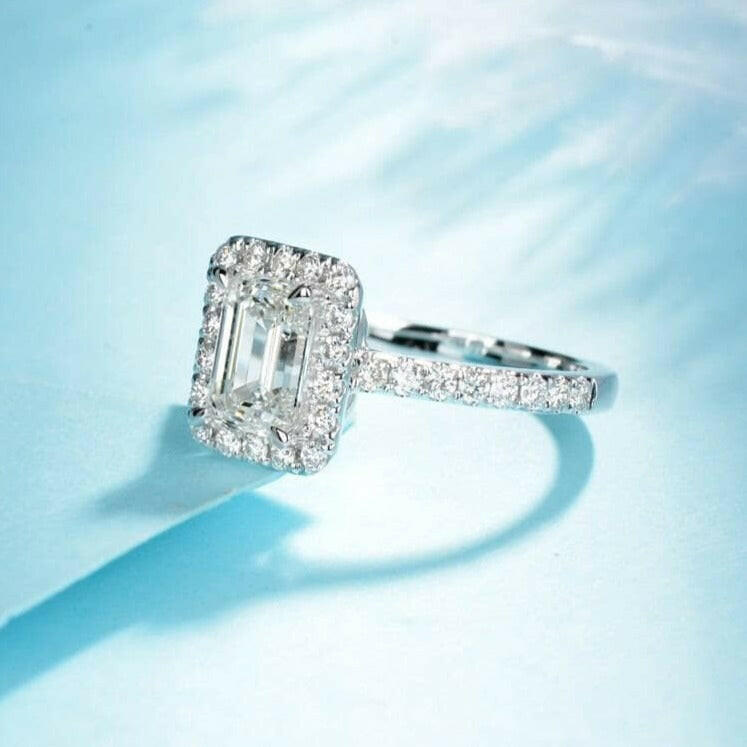 Classic 14K White Gold 1.0 Ct Emerald Cut Halo Diamond Engagement Ring-Evani Naomi Jewelry