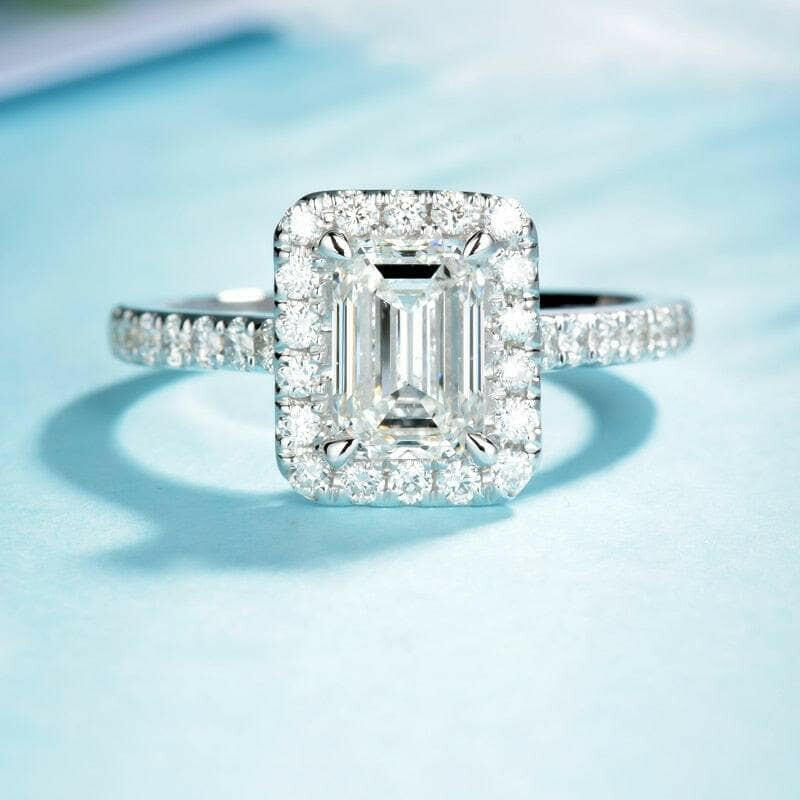 Classic 14K White Gold 1.0 Ct Emerald Cut Halo Diamond Engagement Ring-Evani Naomi Jewelry