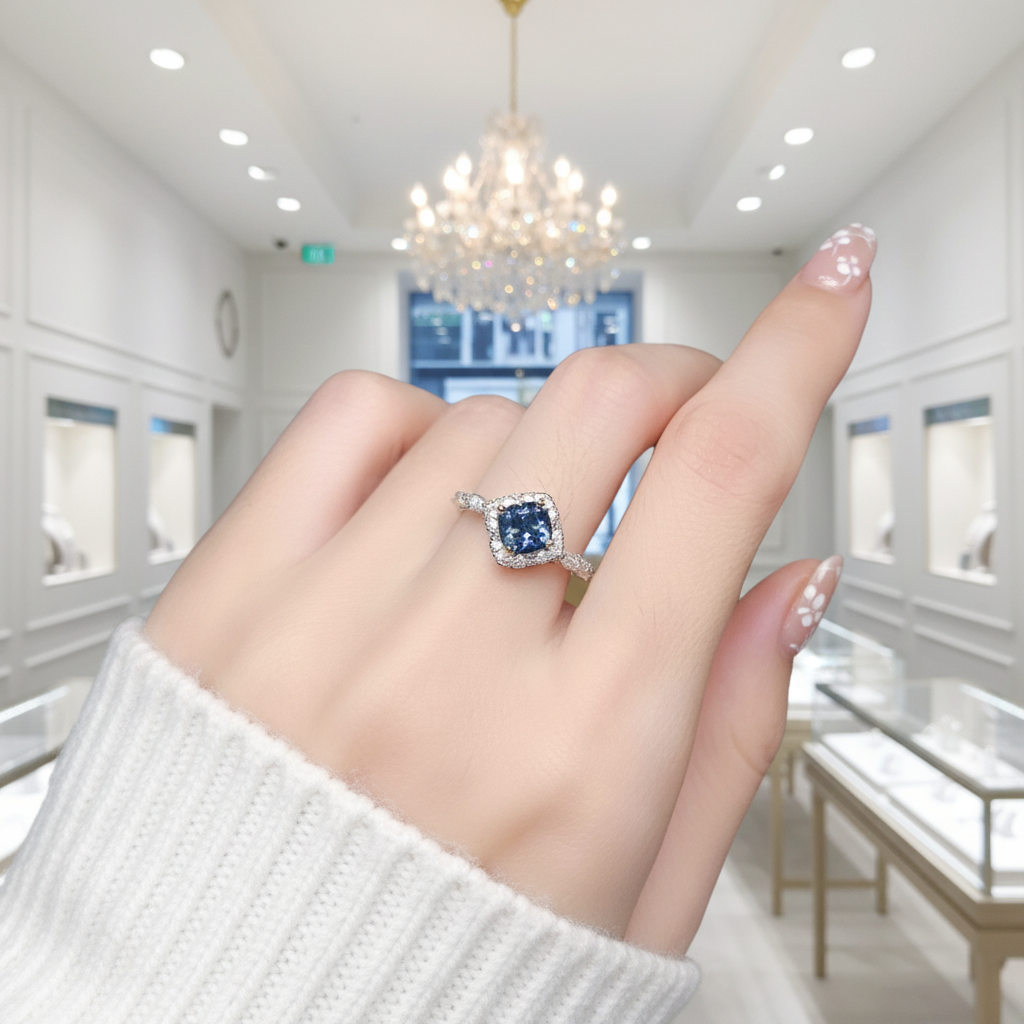Classic 1.0 Ct Cushion Cut Blue Diamond Engagement Ring-Evani Jewelry