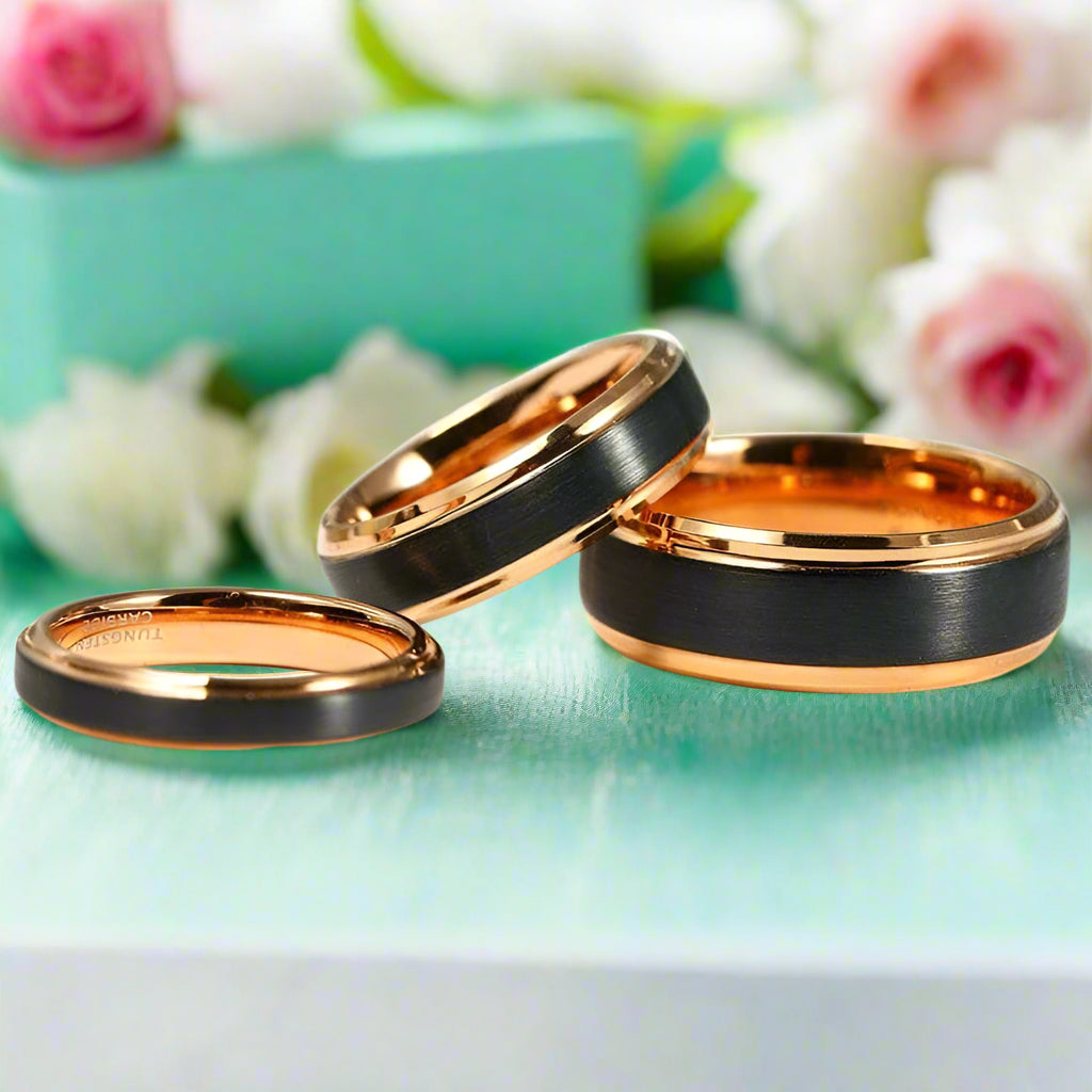 Classic Black & Rose Gold Tungsten Unisex Wedding Band-Evani Naomi Jewelry