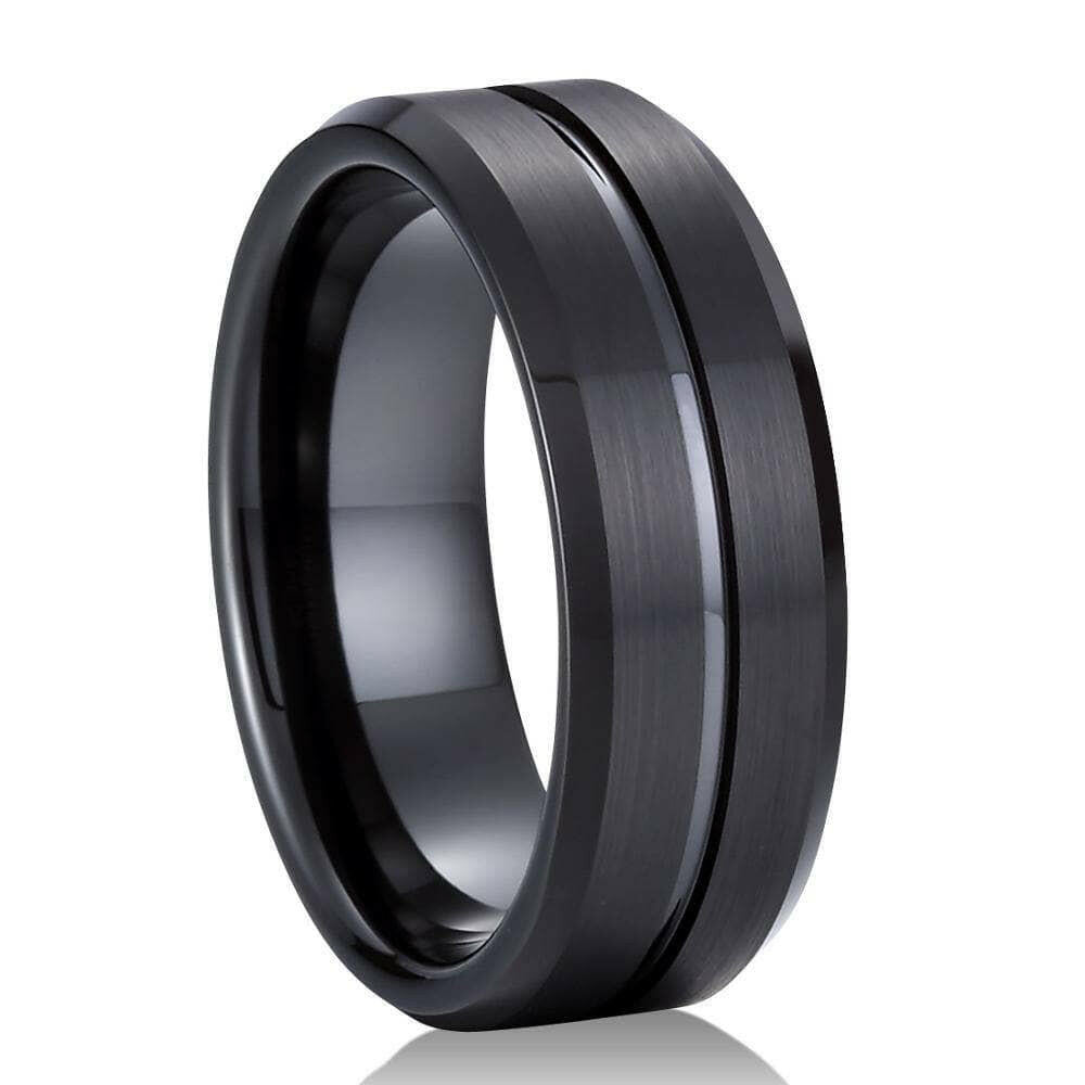 Classic Black Unisex Tungsten Wedding Band with Groove-Evani Naomi Jewelry