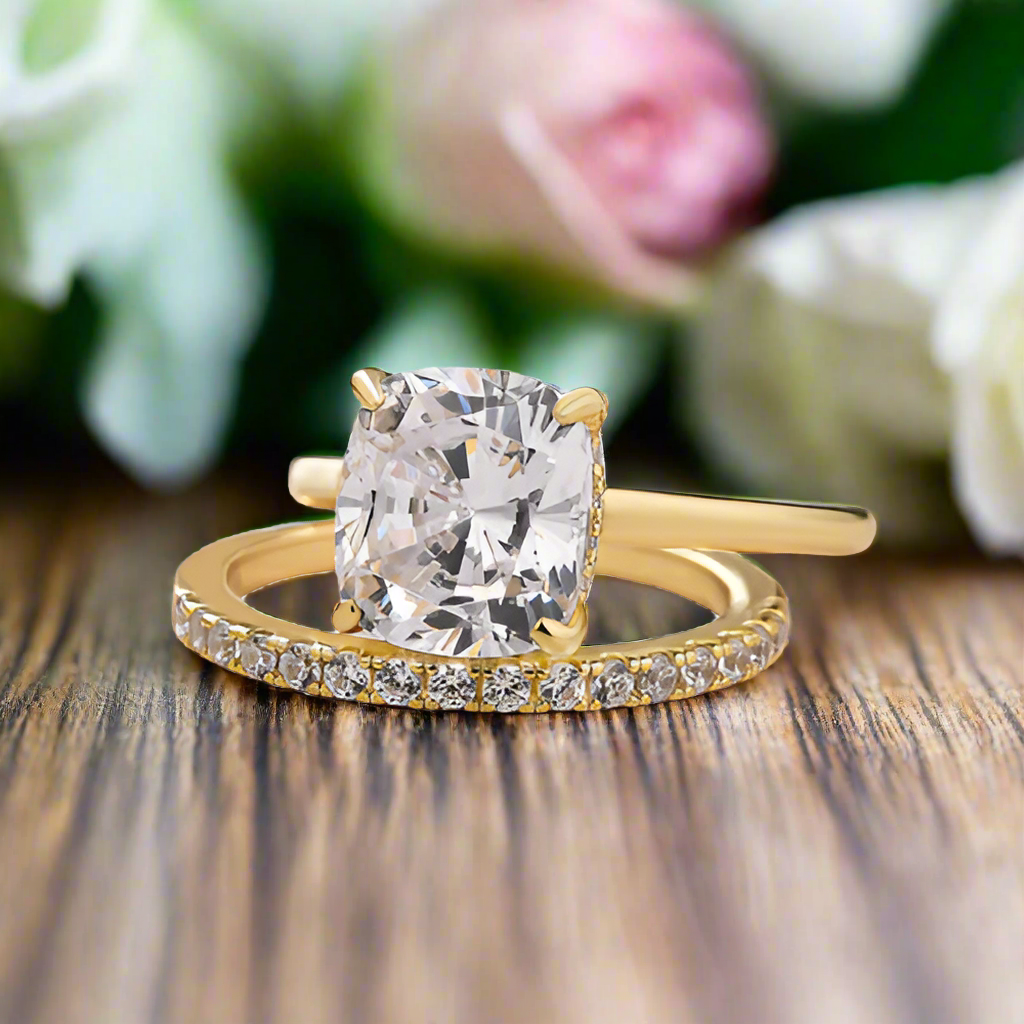 Classic Cushion Cut 3.0ct Diamond 4 Prong Yellow Gold Bridal Set-Evani Naomi Jewelry