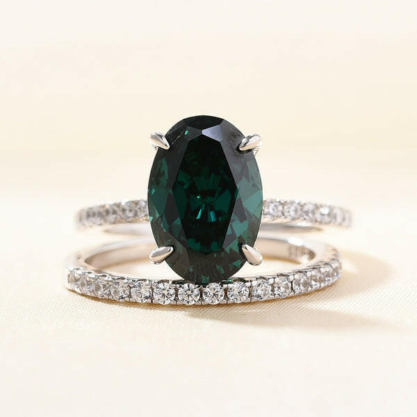 Classic Oval Cut 3.5ct Emerald Green Diamond Bridal Set-Evani Naomi Jewelry