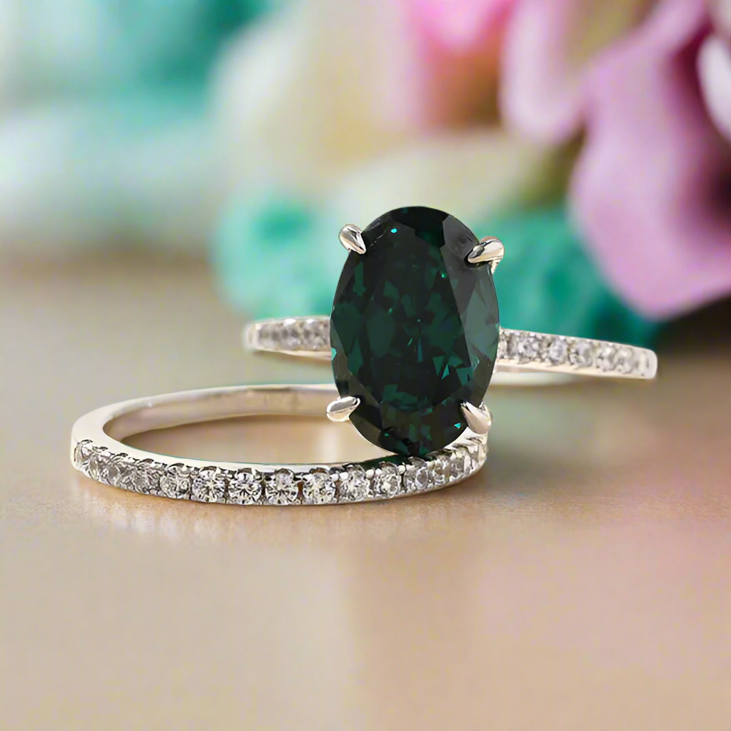 Classic Oval Cut 3.5ct Emerald Green Diamond Bridal Set-Evani Naomi Jewelry