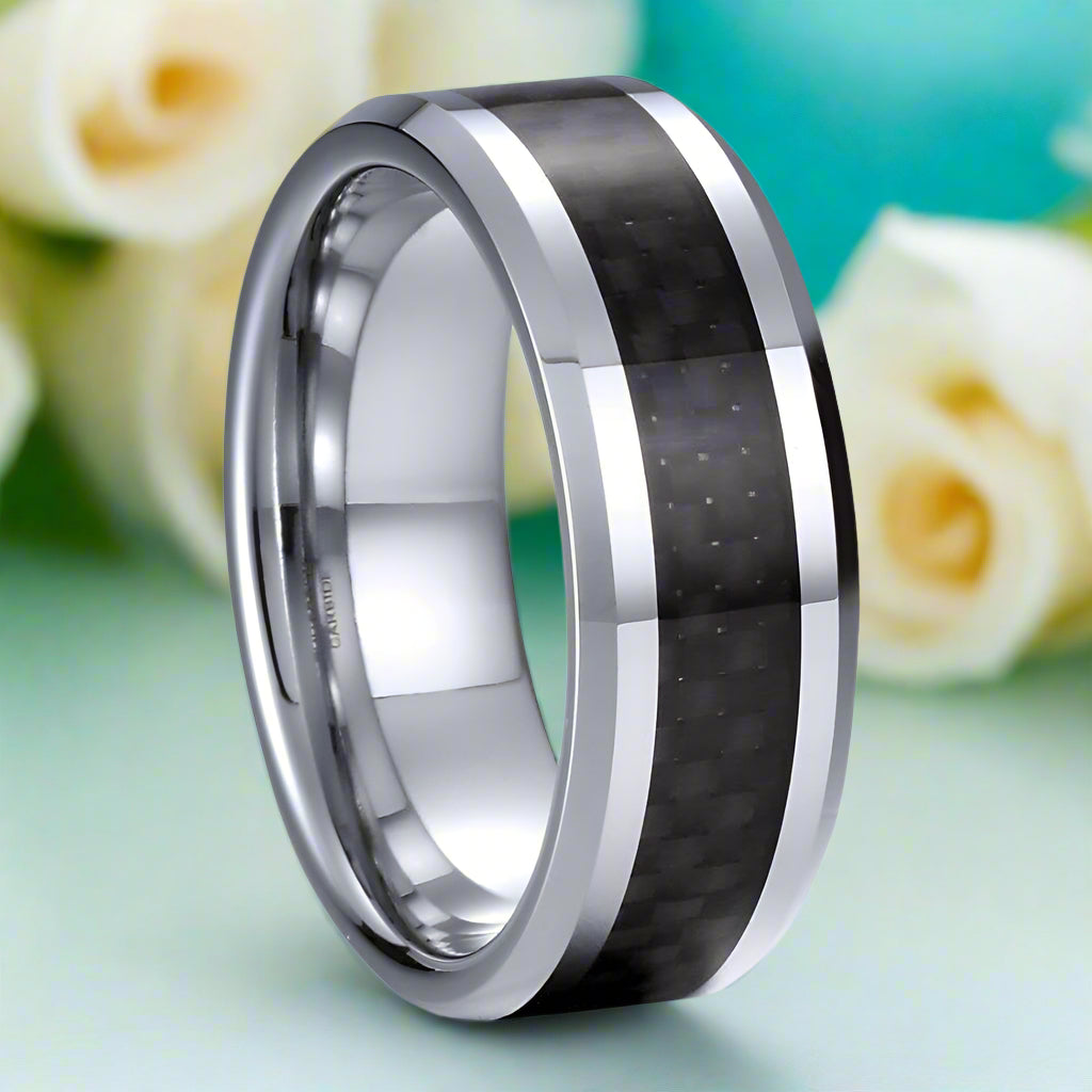 Classic Tungsten Wedding Band with Black Carbon Fiber Inlay-Evani Naomi Jewelry