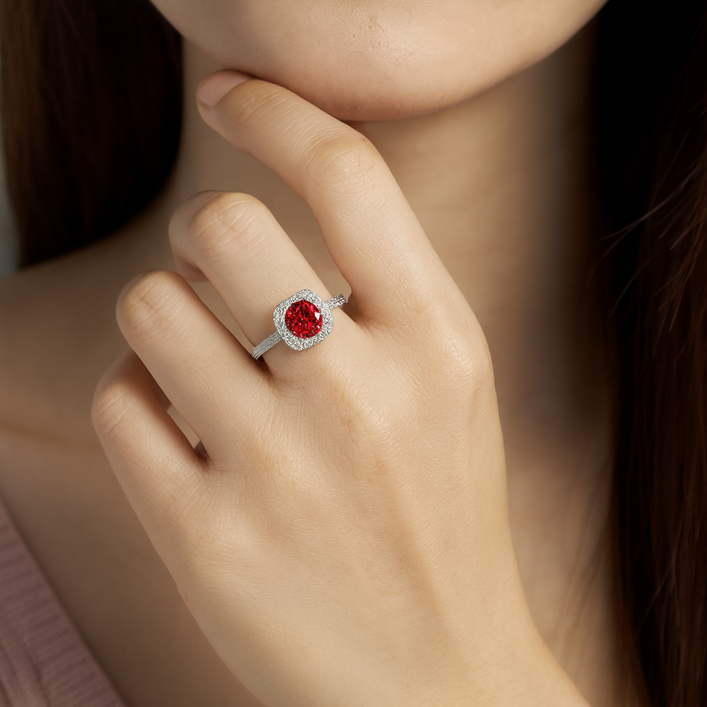 Close-up of a hand wearing a ring with a red gemstone.