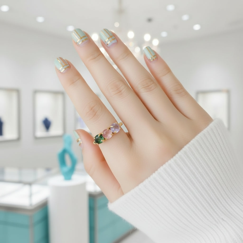 Love's Gentle Bloom- Natural Moss Agate Ring Rose Quartz Moss Agate Labradorite-Evani Jewelry