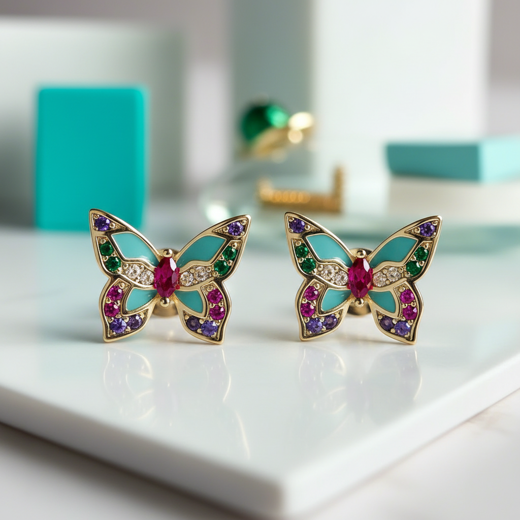 Colorful Diamond Butterfly Stud Earrings-Evani Jewelry