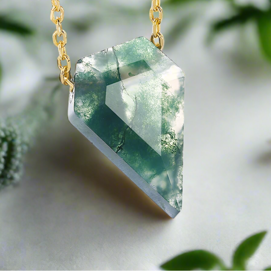 Crystal pendant necklace with gold chain on a white background