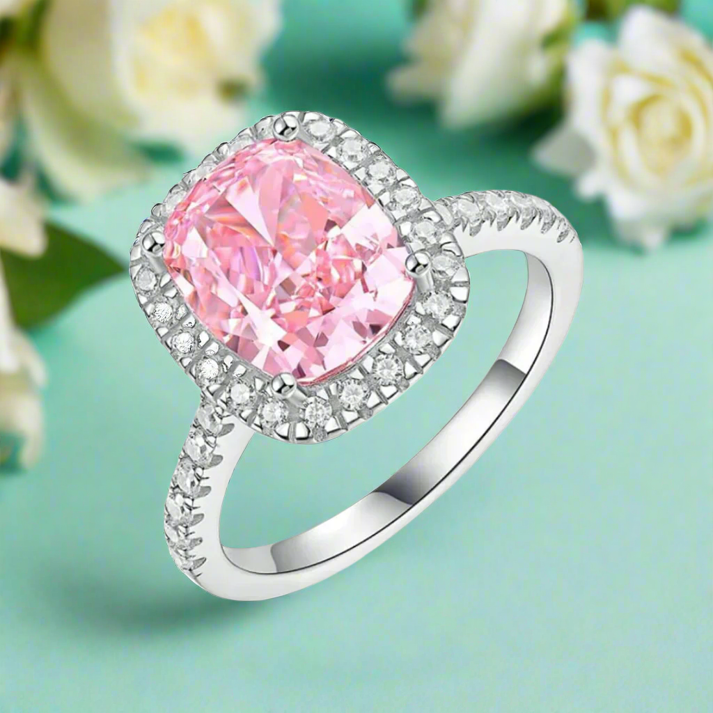 Cushion Cut 4.0ct Pink Sapphire with Halo Engagement Ring-Evani Naomi Jewelry