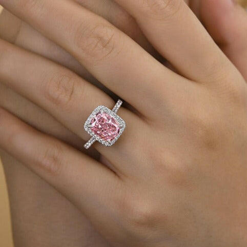 Cushion Cut 4.0ct Pink Sapphire with Halo Engagement Ring-Evani Naomi Jewelry