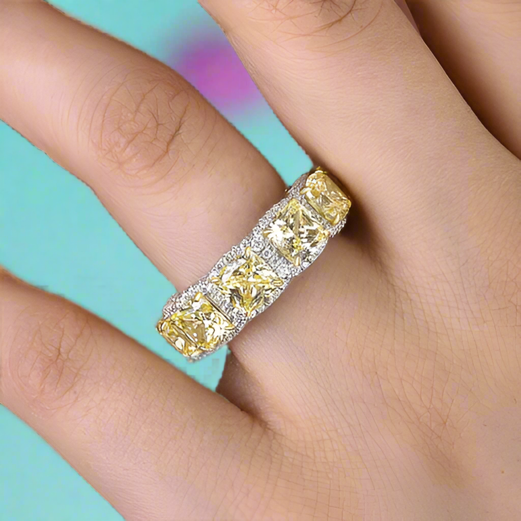 Cushion Cut 5.0ct Yellow Sapphire with Halo Wedding Band-Evani Naomi Jewelry