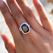 Cushion Cut 8.0ct Blue Sapphire with Halo Engagement Ring-Evani Naomi Jewelry