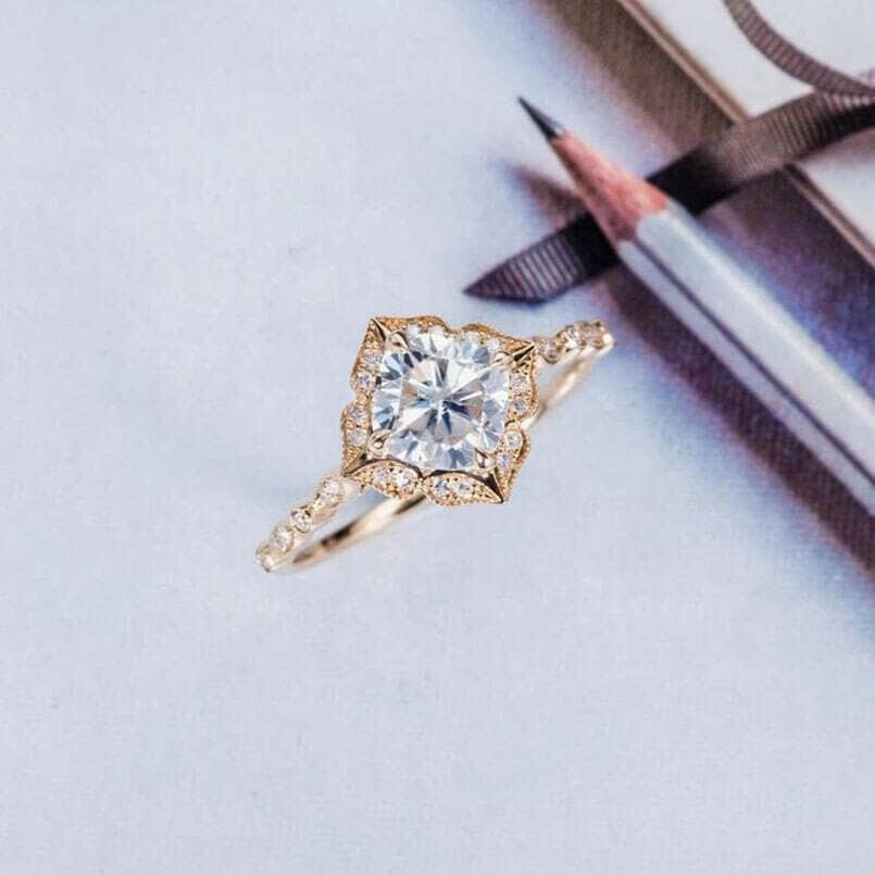 Cushion Cut Diamond Antique Milgrain Engagement Ring-Evani Naomi Jewelry